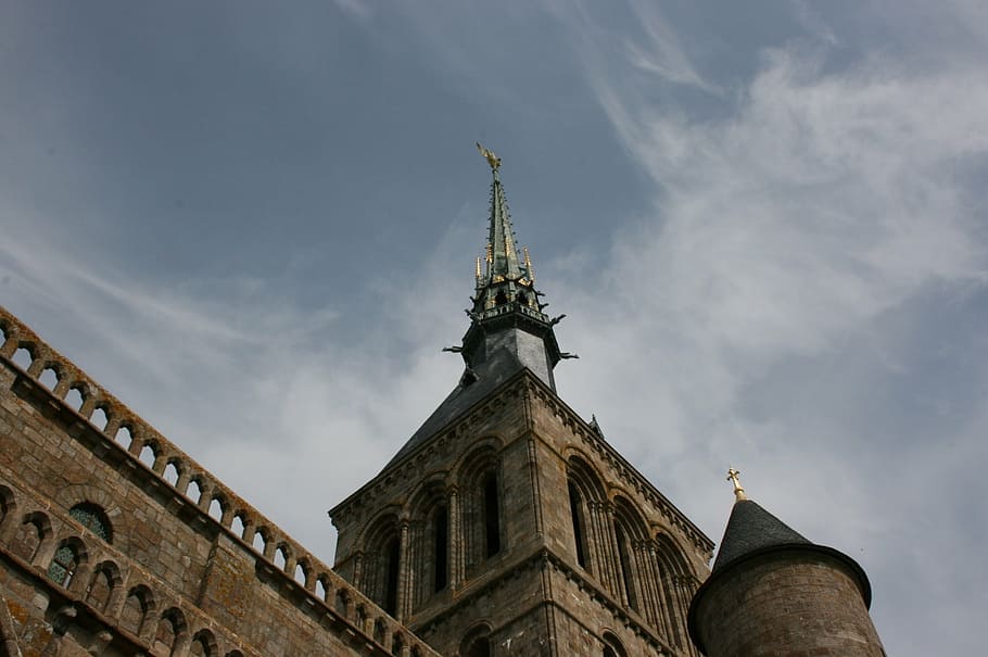 mont saint-michel, abbey, normandy, france, middle ages, medieval architecture, low angle view, sky, architecture, built structure