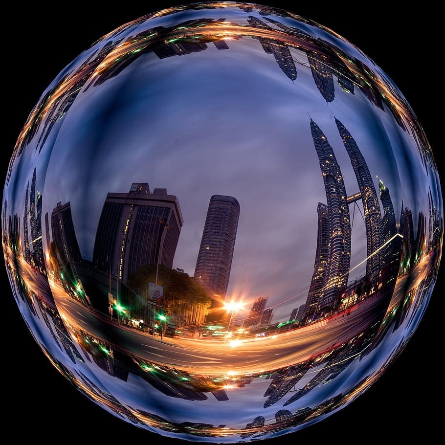 360 view, two, high-rise, towers, photo effect, city, skyscrapers, lighting, ball, skyscraper