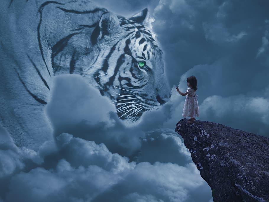 tiger, girl, cliff, clouds, animal, colorful, white, blue, ghost, cute