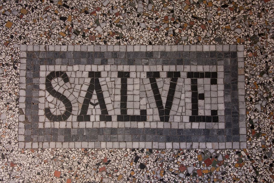 salve signage, estrazzo, floor, original, pebble rug, topping, natural stones, ground, mosaic, lettering