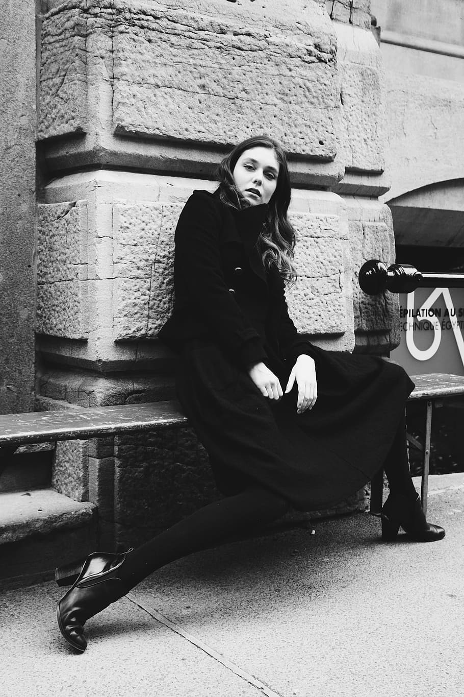 woman, black, dress, sitting, bench, wall, people, beauty, fashion, street
