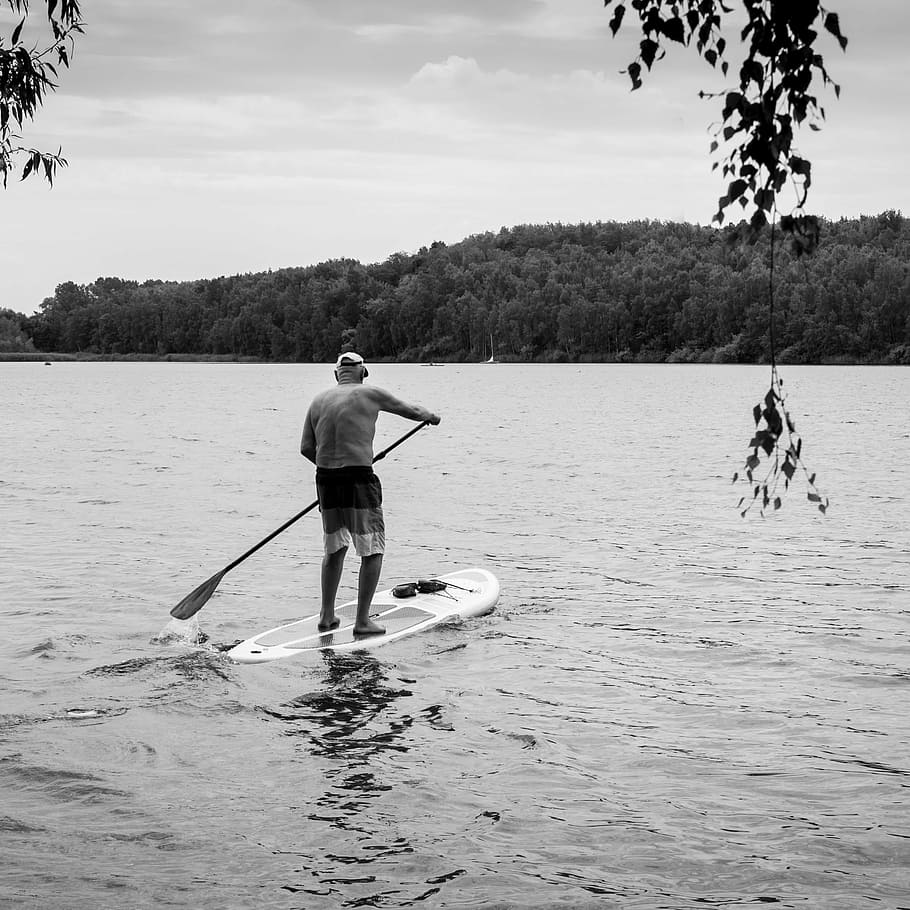 person, riding, white, paddle board, body, water, old man, lake, paddle, surf
