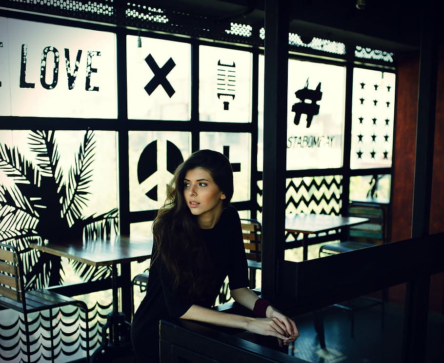 woman, sitting, cafe, glass window, people, girl, alone, beauty, inside, restaurant
