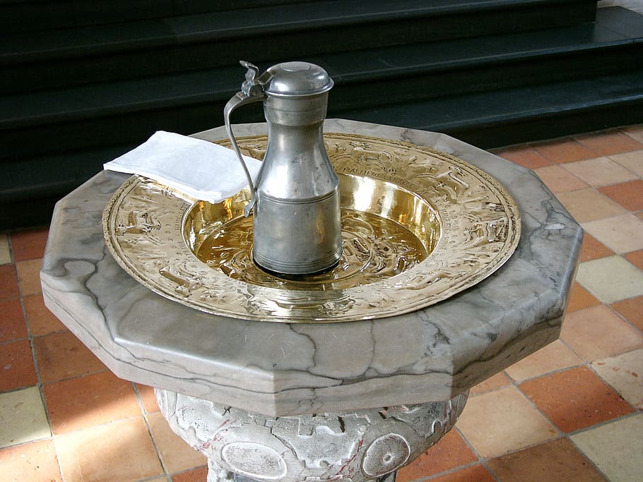 baptismal font, pitcher, napkin, church, christening, holy, high angle view, table, day, still life