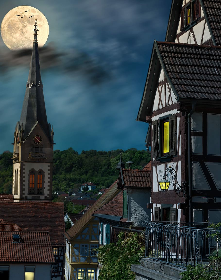 romance, fachwerkhäuser, Romance, fachwerkhäuser, historic old town, places of interest, architecture, night, full moon, lighting, building exterior
