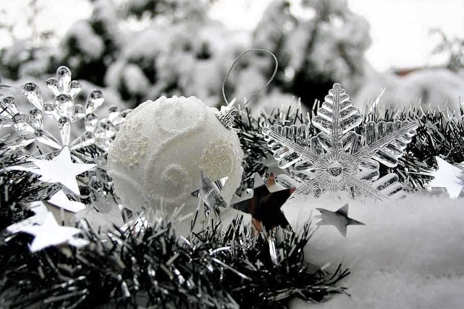 greyscale photo, christmas bauble, clear, snowflake decors, winter, asterisk, christmas, ice, the background, card