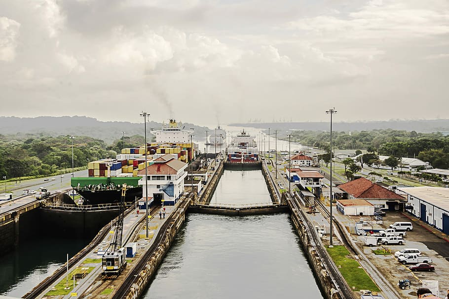 houses, body, water, daytime, Panama Canal, Locks, panama, panama canal, locks, day, cloud - sky