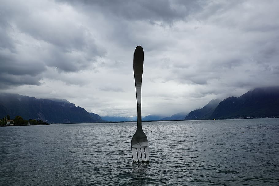 fork, lake, trueb, weather, vevey, switzerland, modern, art, creative, metal