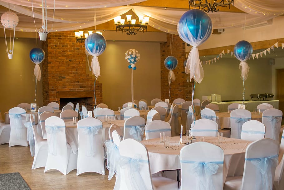 white, blue, table setup, christening, event, room, balloon, function room, chair covers, baby boy