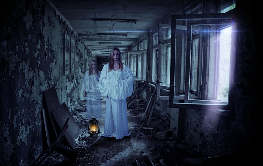 woman, white, dress, standing, window, inside, room, trick, effects, ghost