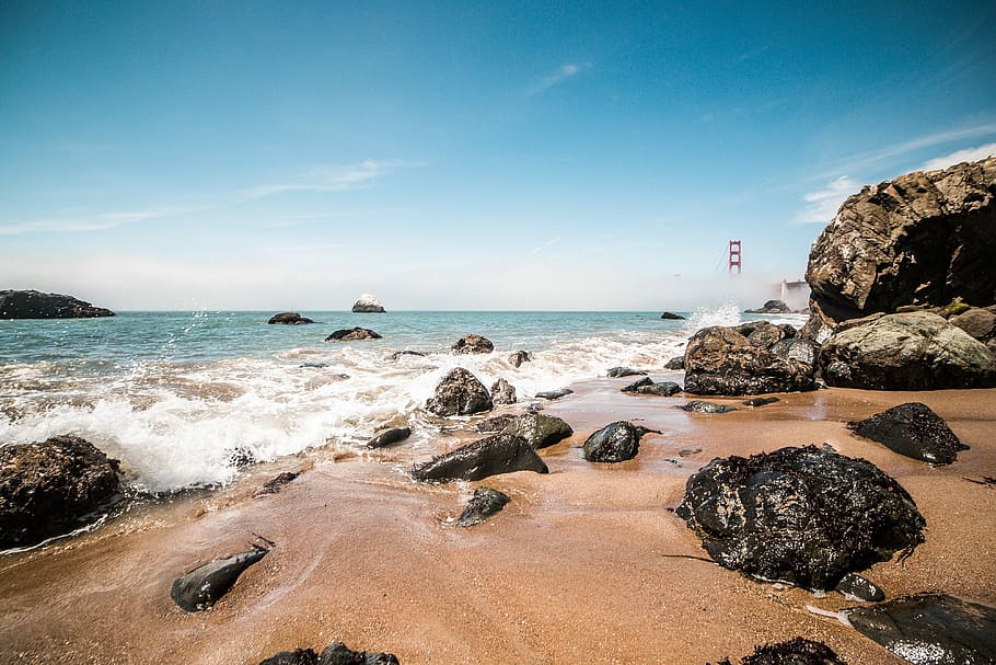 Golden Gate Bridge, San Francisco, California, Baker Beach, playa, naturaleza, océano, rocas, arena, Estados Unidos