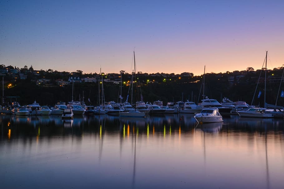 Sydney, Australia, amanecer, barcos, puerto deportivo, puente de saliva, agua, embarcación náutica, cielo, velero