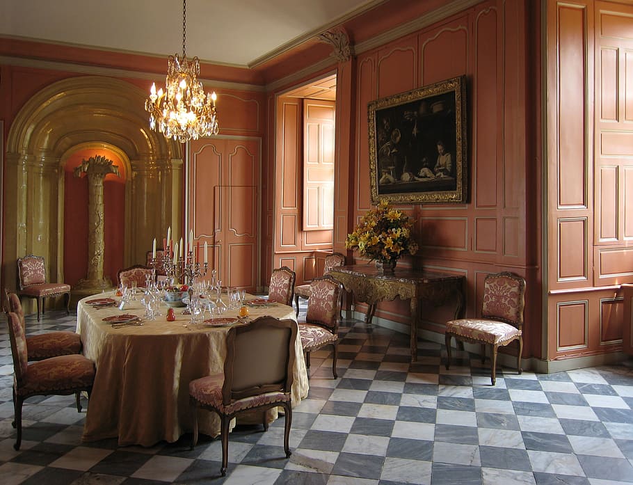 oblong, brown, dining table, char, set, chandelier, france, villandry castle, inside, interior