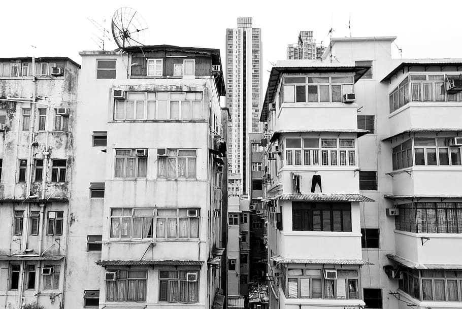 Arranha-céu, Hong Kong, China, Telhado, andaimes, apartamentos, exterior do edifício, arquitetura, janela, prédio residencial