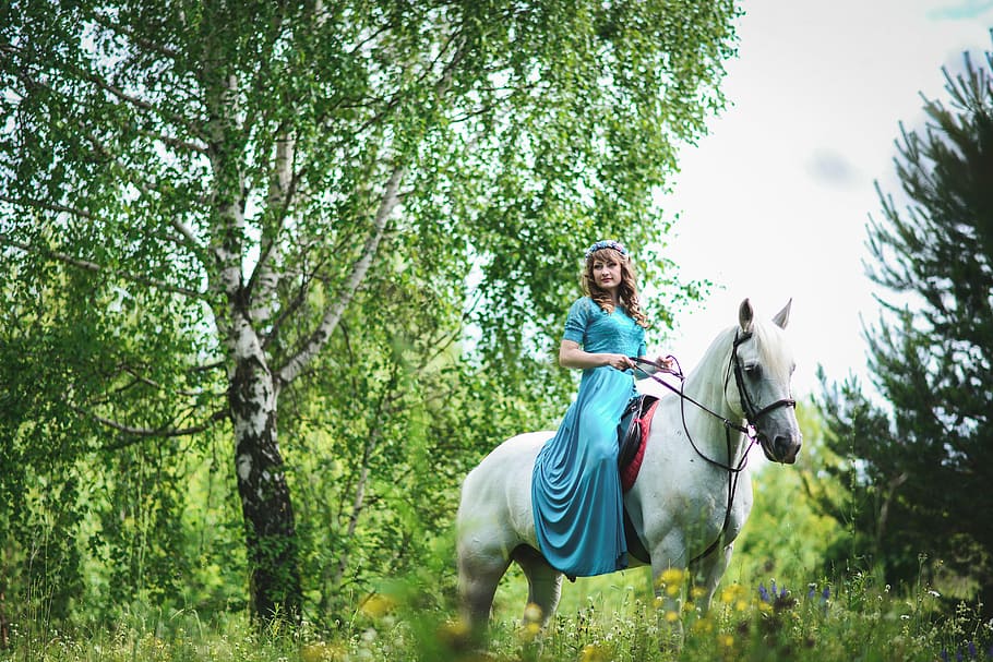 女性, 青, ドレス, 乗馬, 白, 馬, 馬を持つ少女, 白い馬, フォトセッション, アウトドア