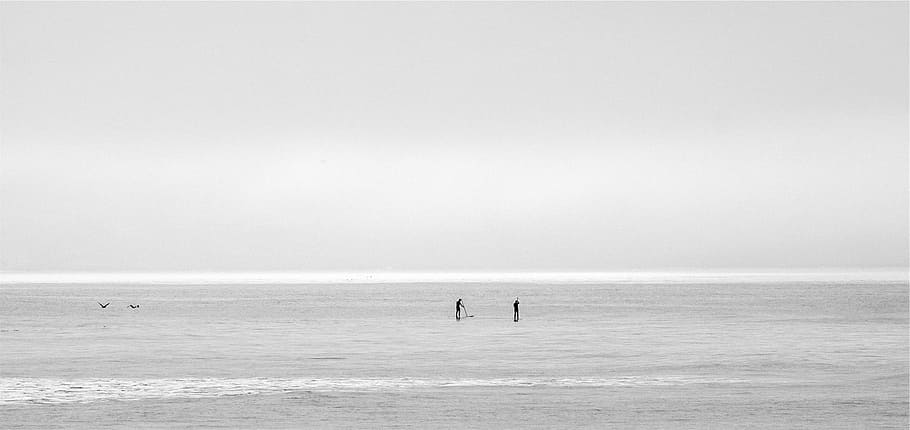dos, negro, postes, mar, durante el día, orilla, océano, horizonte, cielo, paddle boarding