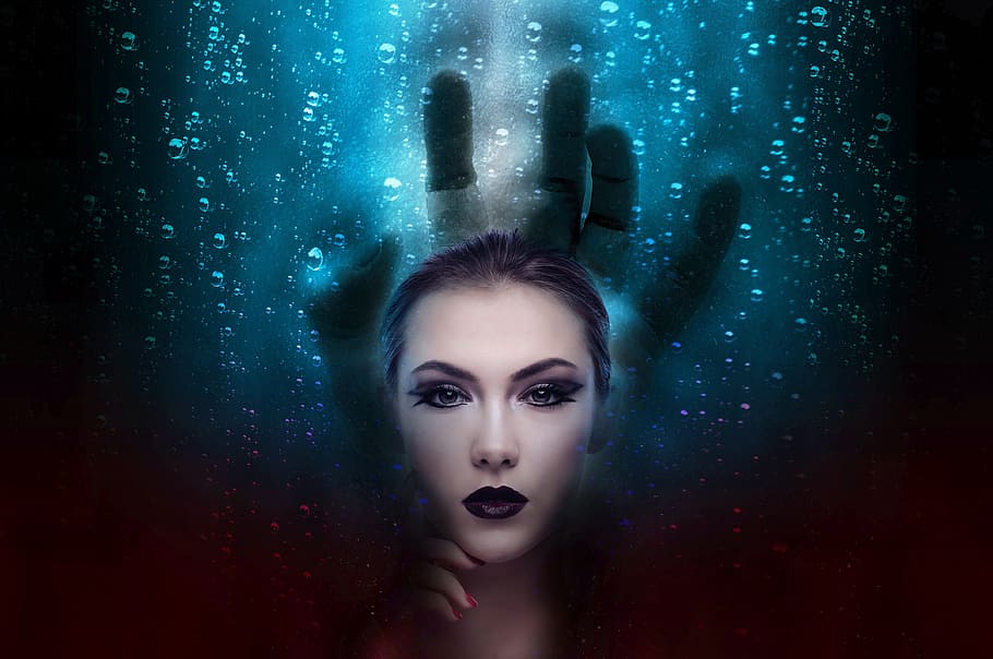 woman, wearing, black, lipstick illustration, fear, nightmare, dreaming, horror, fantasy, demon