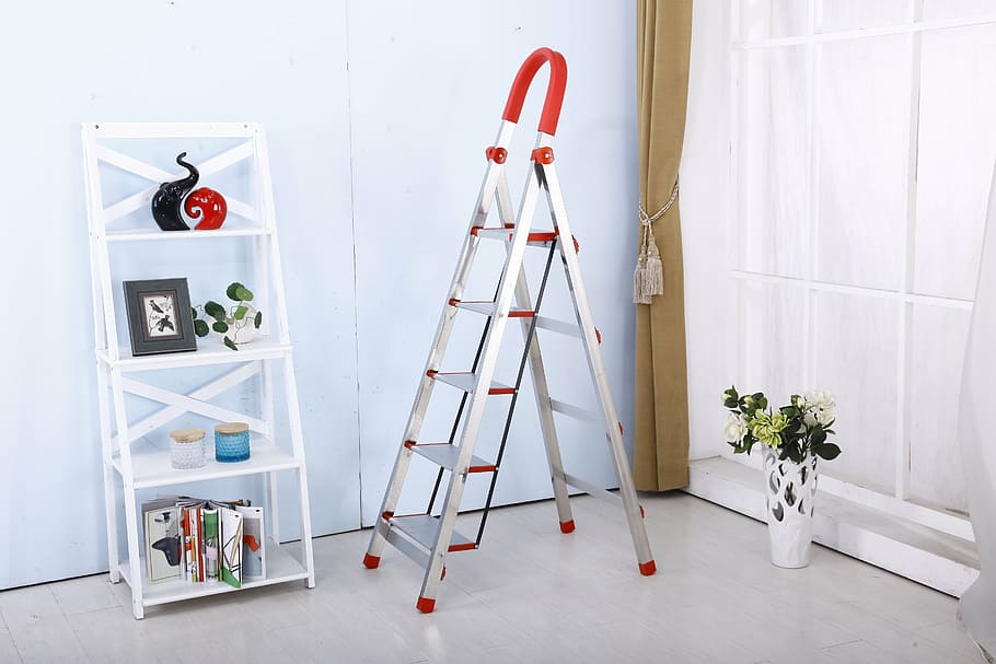 gray, metal extension ladder, white, wooden, shelff, folding ladder, stainless steel, safety ladders, indoors, ladder