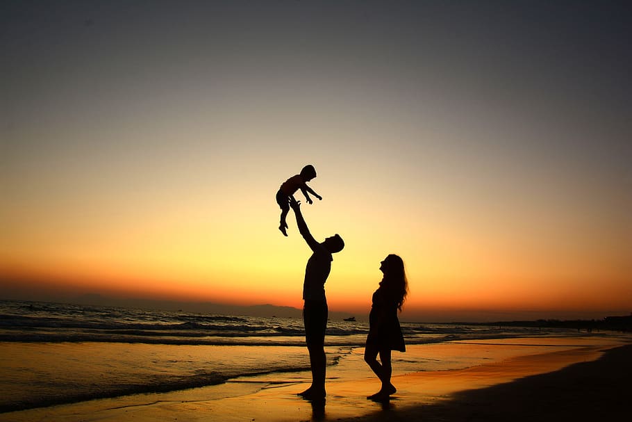 child, dad, family, happiness, silhouette, sky, sunset, beach, land, two people
