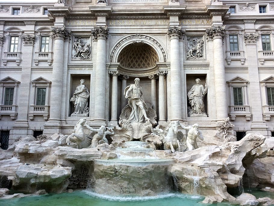 gray, structure, statues, body, water, rome, trevi fountain, holiday, city trip, art and craft