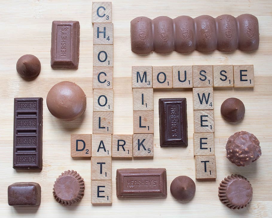 chocolates, brown, blocks, letters, scrabble, chocolate, dark chocolate, milk chocolate, mousse, sweet