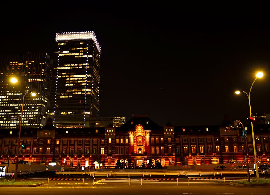 rails, parking lot, front, building, high, rise building, tokyo station, night view, illumination, night