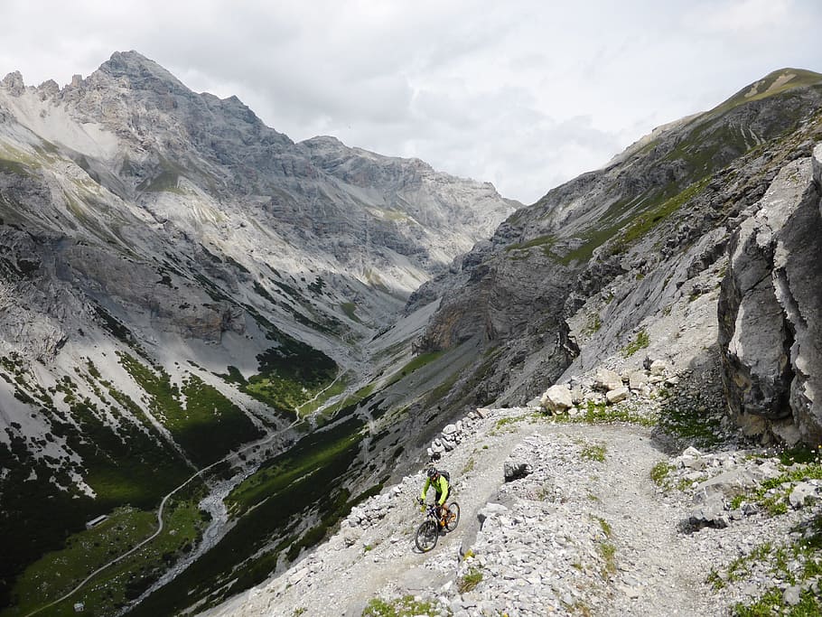 grey, green, mountain, white, sky, daytime, right mount pedenolo, trail, mountain bike, biker