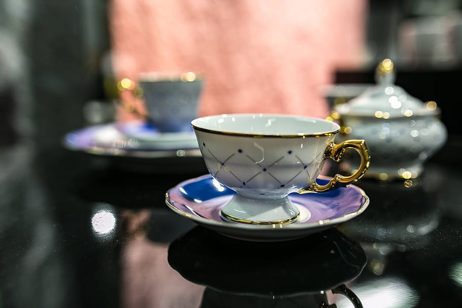 té, taza, elegante, diseño, fantasía, colección, tazas, platillo, vajilla, bebida