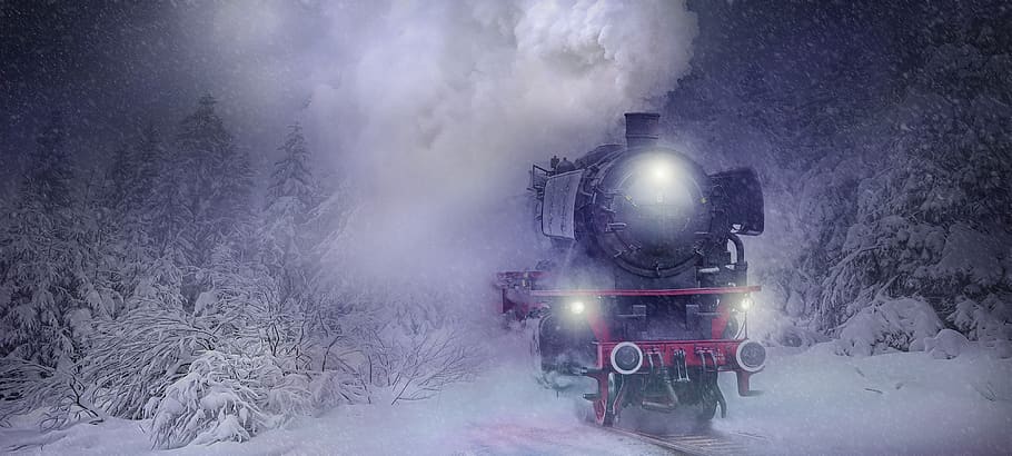 nature, landscape, train, loco, steam locomotive, winter, forest, snow, trees, wintry