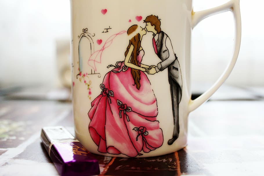 selective, focus photography, white, pink, black, groom, bride-printed, ceramic, mug, close