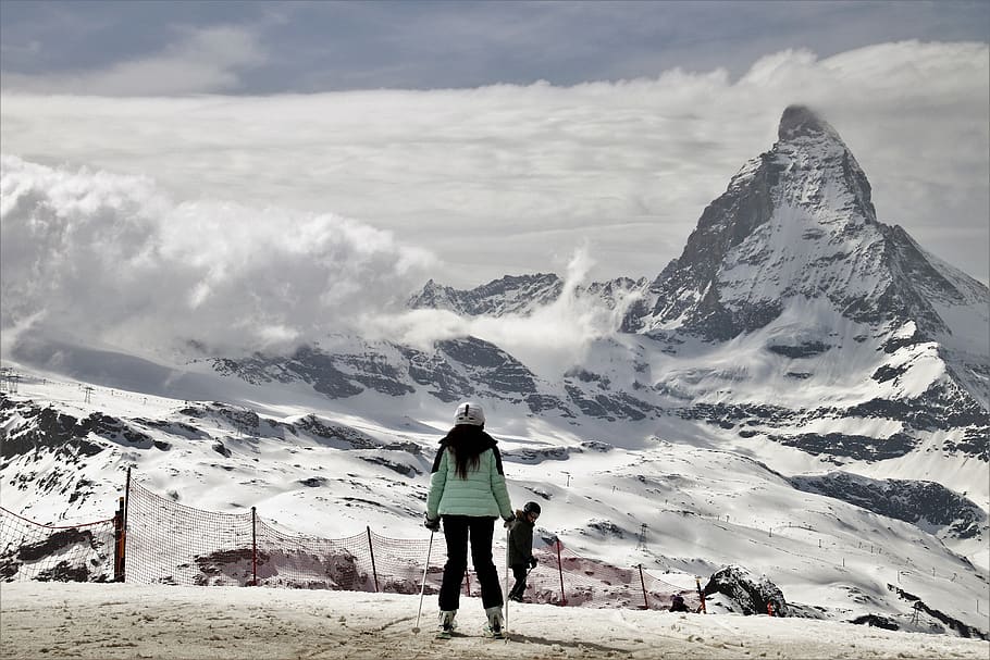 matterhorn, skis, sport, snow, mountain, ice, winter, landscape, travel, adventure