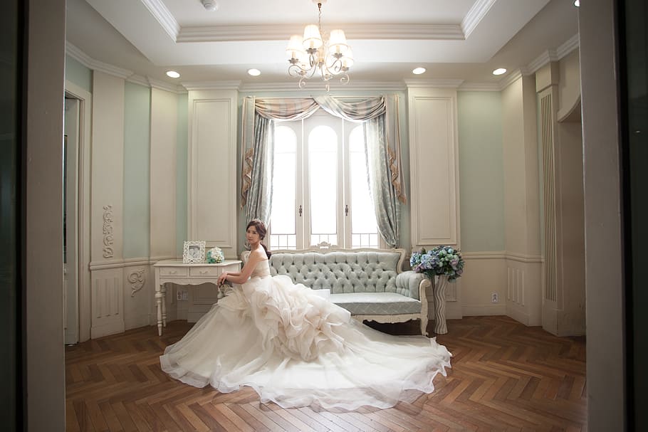 woman, wearing, white, wedding gown, sitting, sofa, window, marriage, wedding, wedding dress