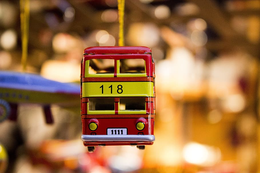 red, yellow, die-cast, double, decker bus christmas ornament, hanging, toy car, bus, toy, tin car