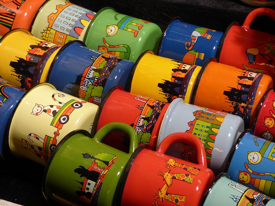 mug, cups, tourism, souvenir, prague, czech republic, handmade, painted, colorful, wallpaper