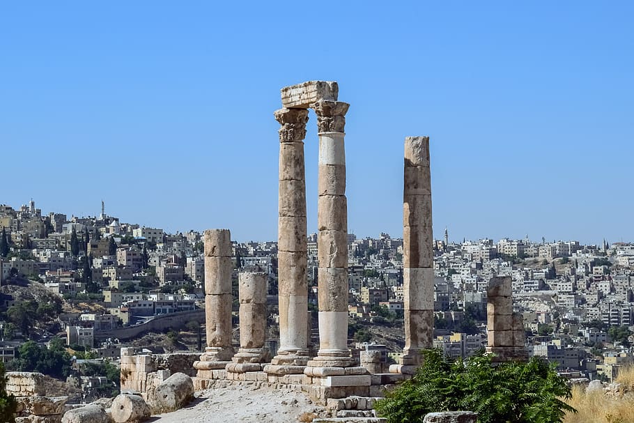 templo de hércules, sitio histórico, templo romano, pilares, ciudadela de amán, antigua, histórica, viajes, turismo, arqueología
