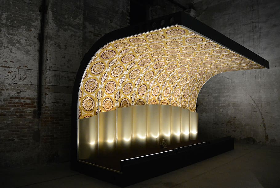 art, canopy, protection, gold, shelter, installation, architecture, indoors, electric Lamp, illuminated