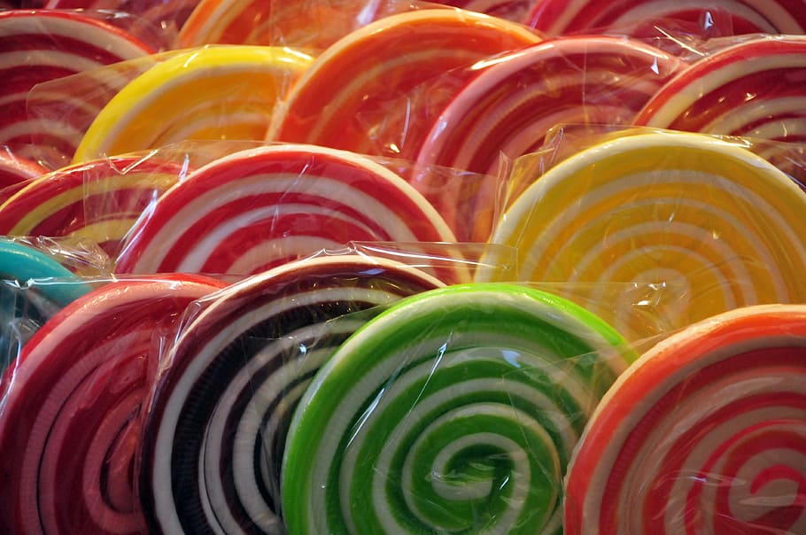 bunch, packed, sugar lollipops, lollipop, lollipops, candy, candies, colors, sugar, swirl