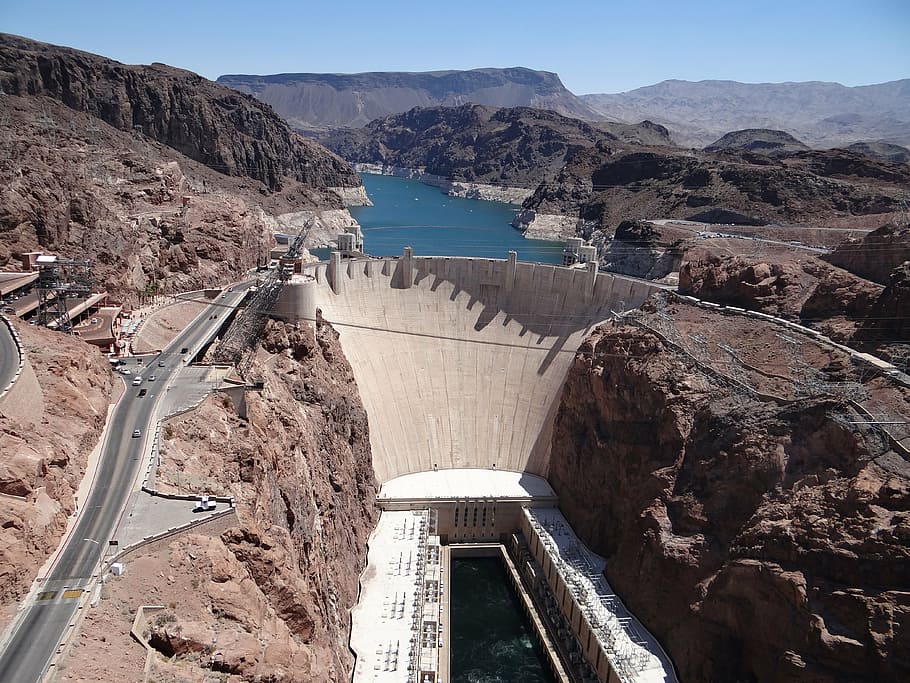aerial, photography, mountains, road, body, water, arizona, nevada, hoover dam, reservoir