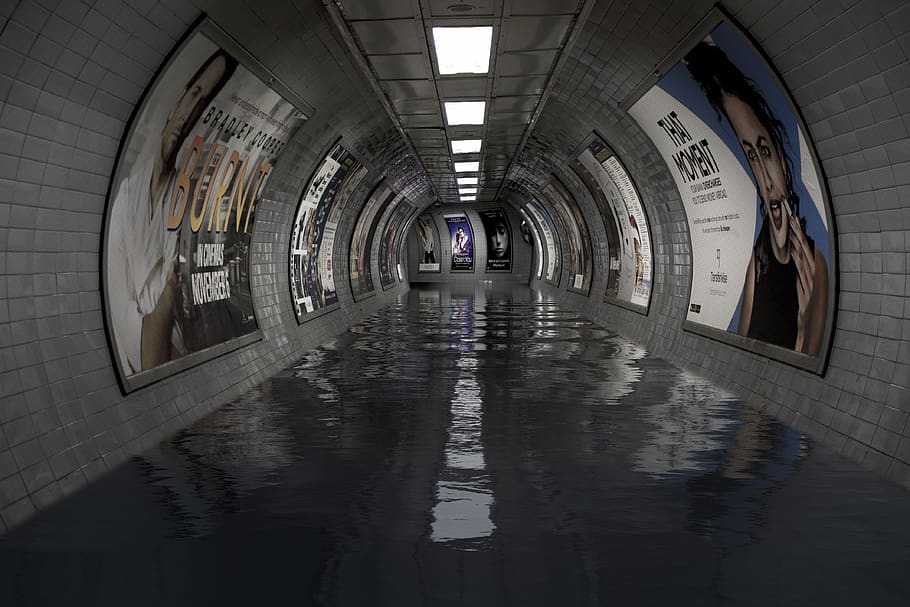 underground, london, flood, subway, transportation, urban, architecture, reflection, built structure, illuminated
