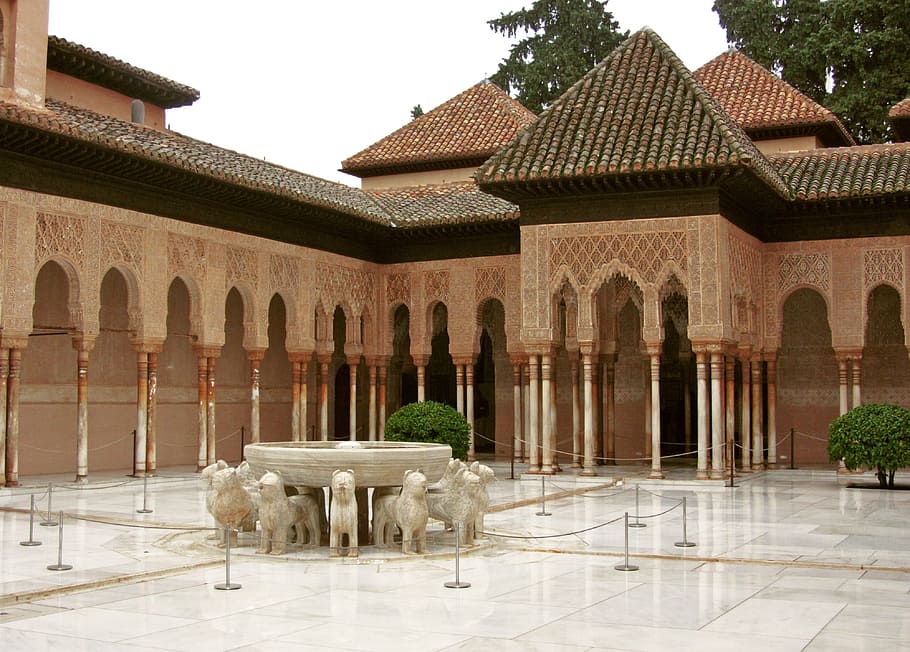 Alhambra, Granada, Andaluzia, Espanha, fonte, complexo fortaleza, arquitetura, monumento, pátio, leões