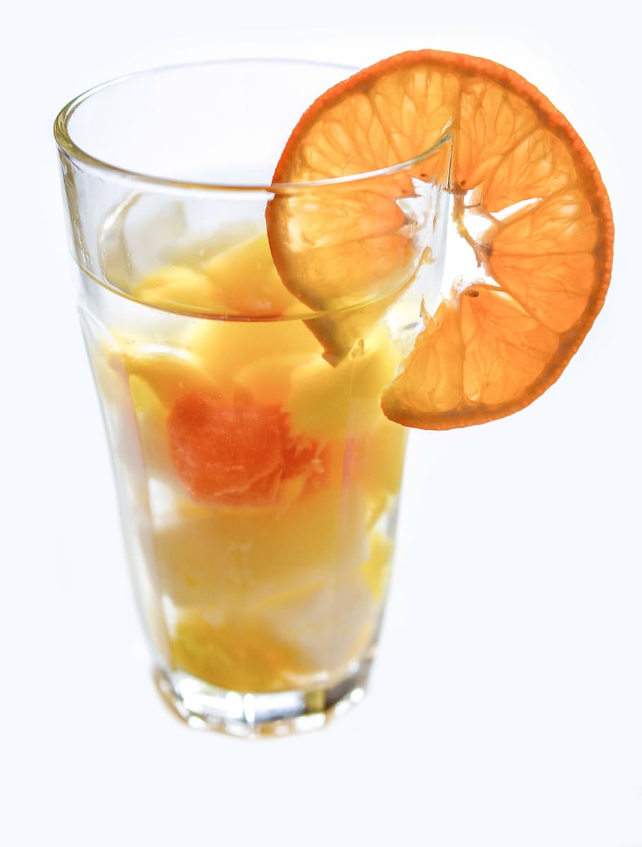 fruit juice, clear, pint glass, slice, orange, drink, juice, fruits, smoothie, glass