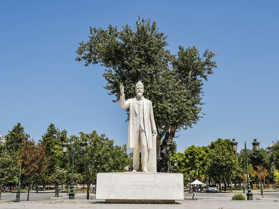 greece, thessaloniki, statue, square, monument, eleftherios venizelos, politician, sculpture, tree, human representation