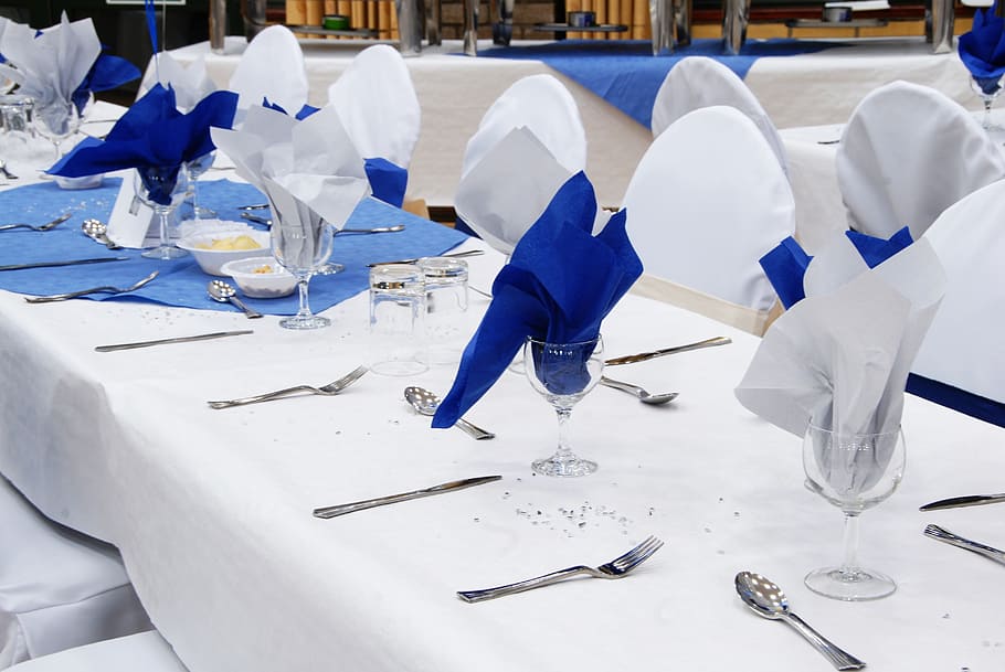 wedding reception, white, napkin, glass, silverware, cutlery, napkins, blue, setting, interior