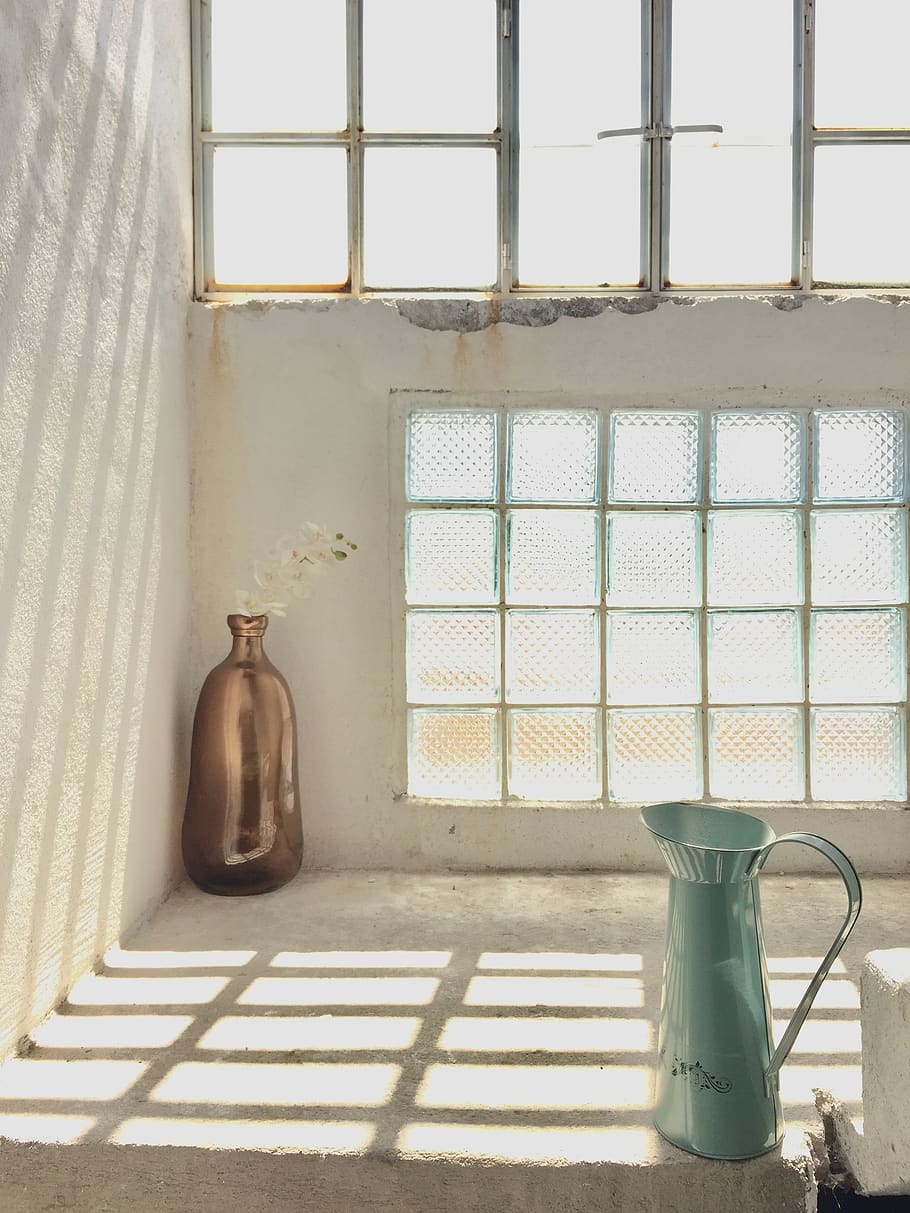 inside, crock, pewter, window, indoors, day, container, still life, window sill, checked pattern