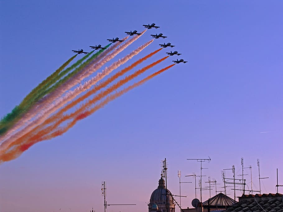 fliegerstaffel, flag, flugshow, air show, r, aerobatics, flight staffel, contrail, event, rome