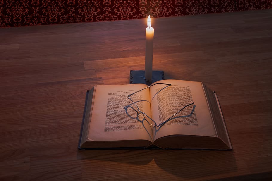 white, taper, candle, book, brown, wooden, table, education, study, glasses