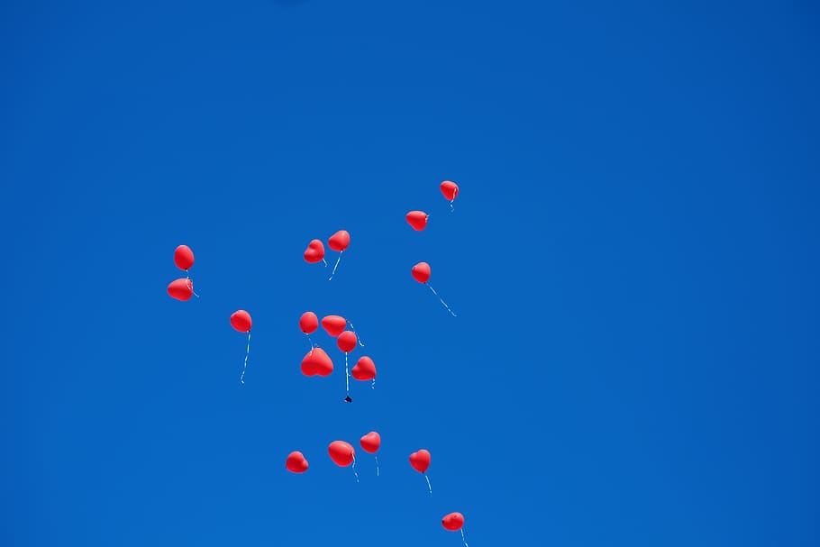 balloon, heart, red, upgrade, sky, heart shaped, flying, love, romantic, wedding