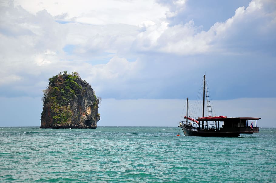 krabi, thailand, sea, andaman, boat, ship, rock, island, beach, travel