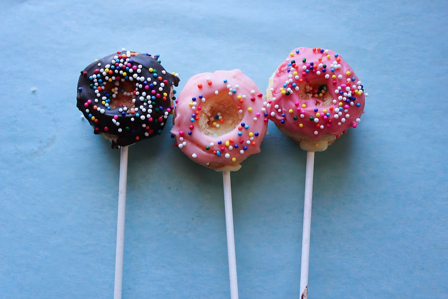 three, assorted-color candy sticks, baking, miniature, confectionery, cake pop, tasty, baked, dessert, sweet