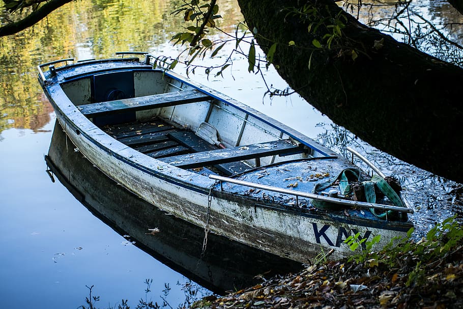docked white canoe, boot, kahn, rowing boat, old, ship, lake, ailing, pond, weathered